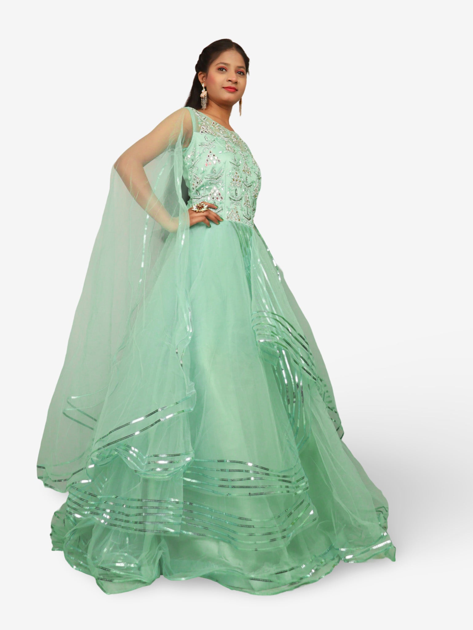 Gown with Cut Dana &amp; Beads by Shreekama Pista Green Designer Gowns for Party Festival Wedding Occasion in Noida