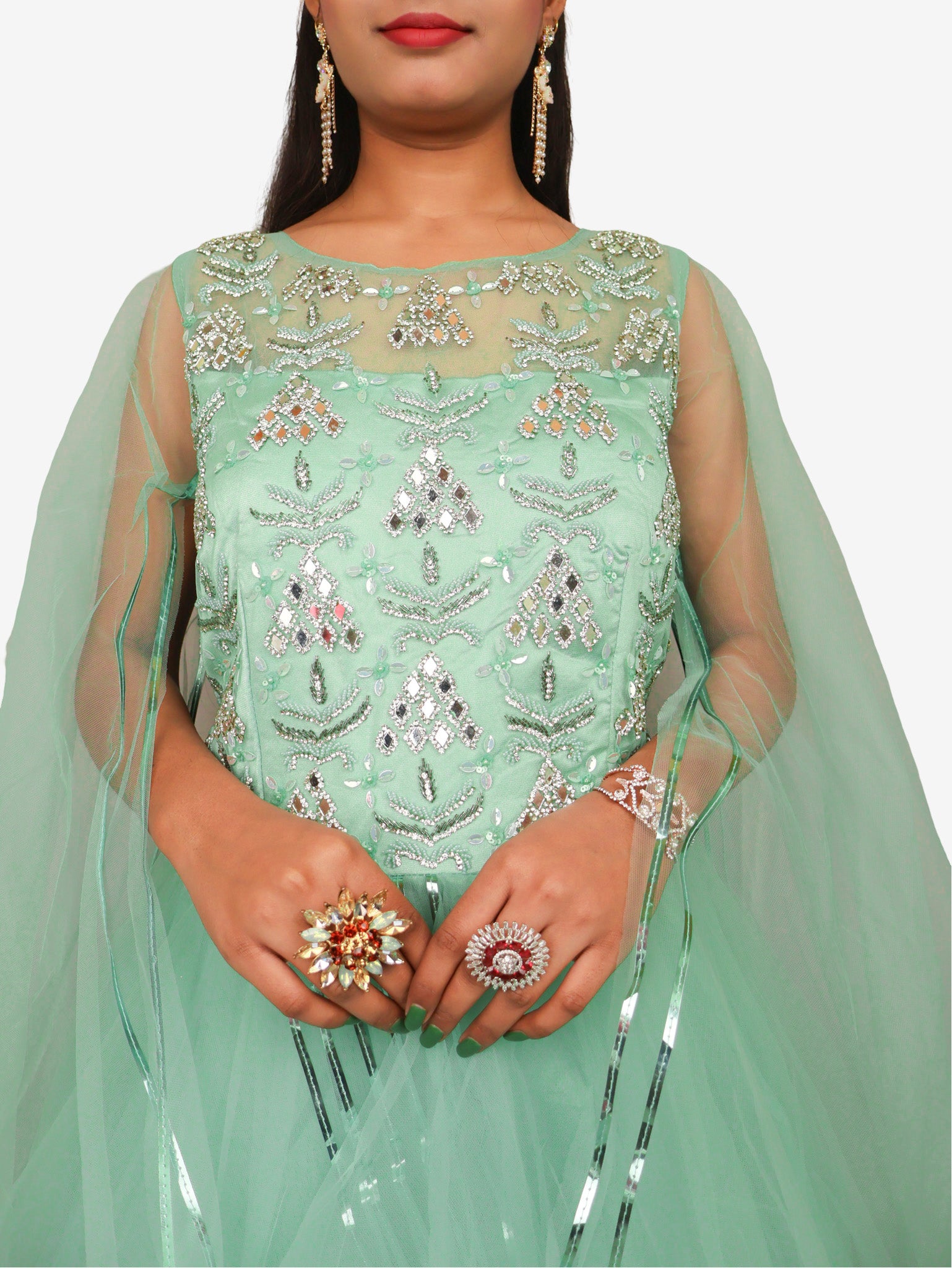 Gown with Cut Dana &amp; Beads by Shreekama Pista Green Designer Gowns for Party Festival Wedding Occasion in Noida