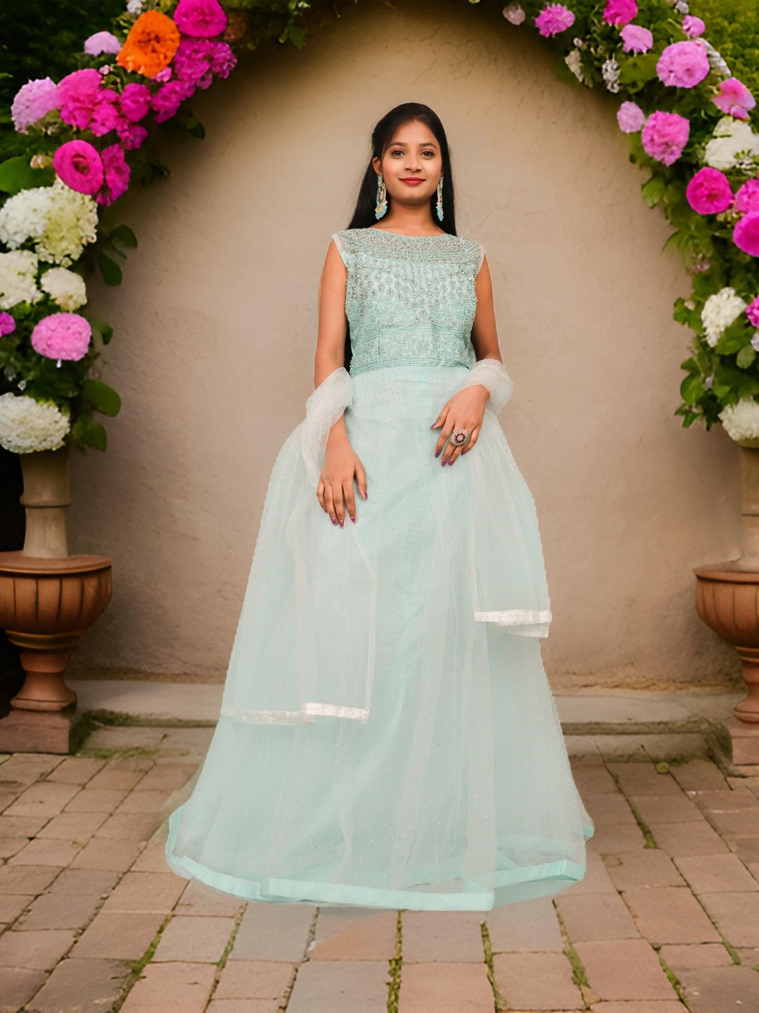 Gown with Embroidery &amp; Glitter Work by Shreekama Sky Blue Designer Gowns for Party Festival Wedding Occasion in Noida