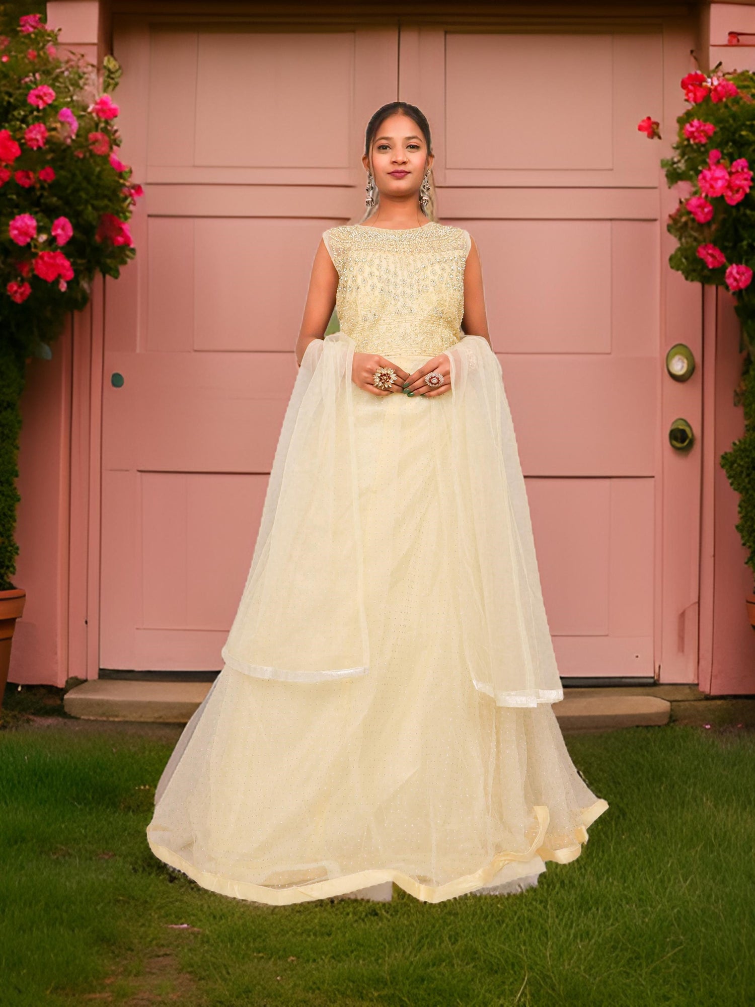 Gown with Embroidery &amp; Glitter Work by Shreekama Lemon Designer Gowns for Party Festival Wedding Occasion in Noida