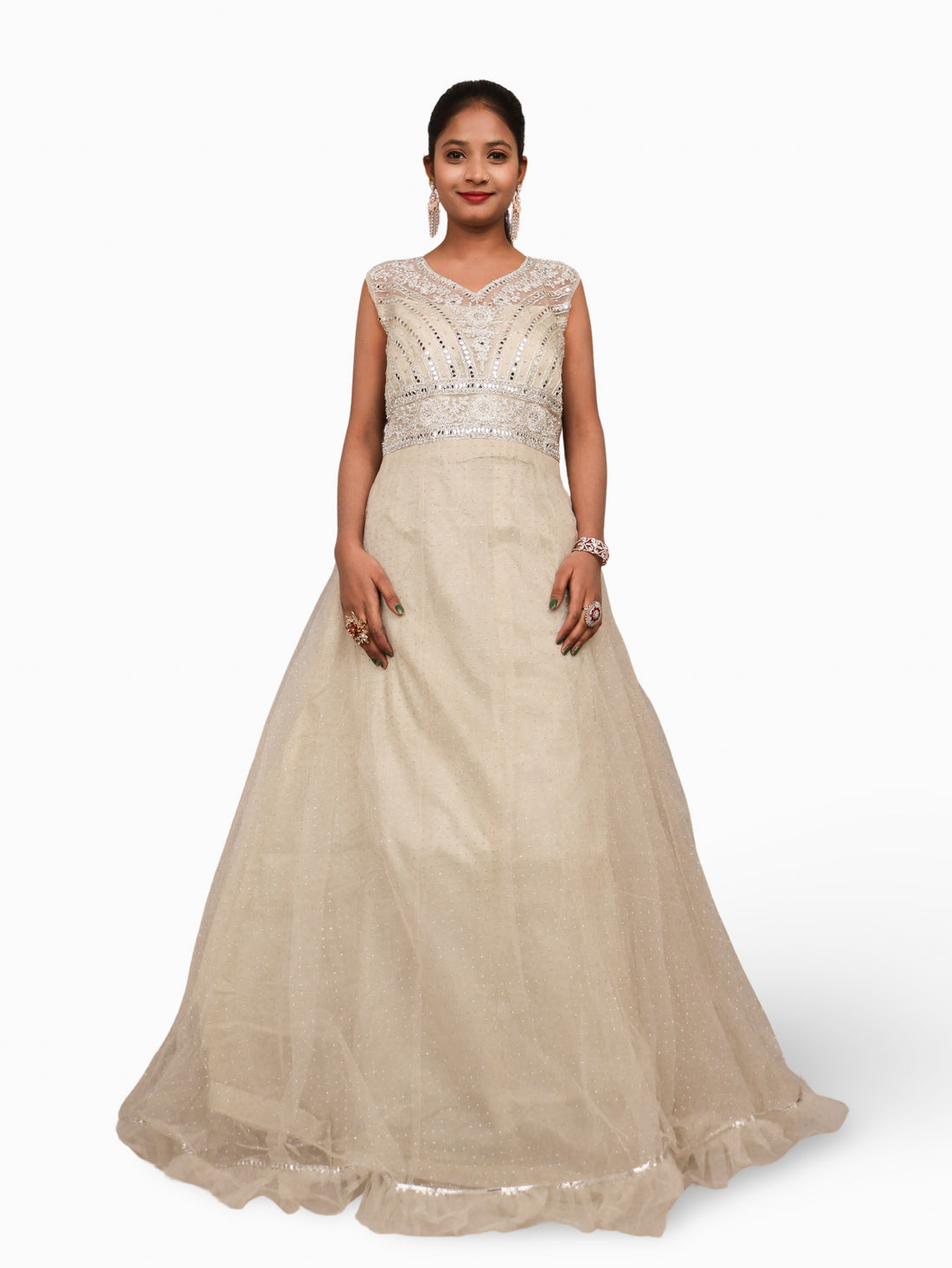 Gown with Embroidery &amp; Glitter Work by Shreekama Off White Designer Gowns for Party Festival Wedding Occasion in Noida