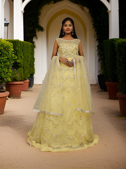 Gown with Pearls &amp; Sequin by Shreekama Lemon Yellow Designer Gowns for Party Festival Wedding Occasion in Noida