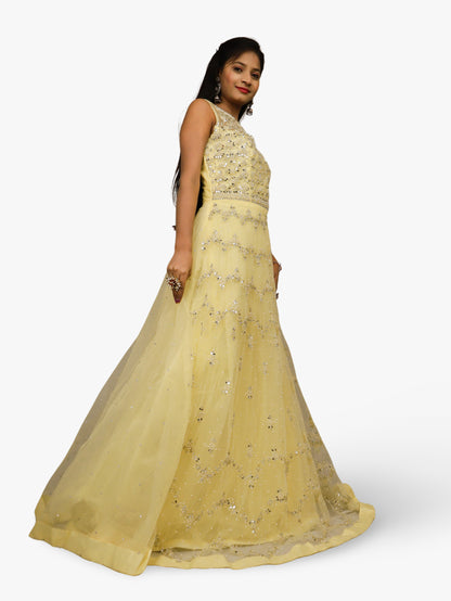 Gown with Pearls &amp; Sequin by Shreekama Lemon Yellow Designer Gowns for Party Festival Wedding Occasion in Noida