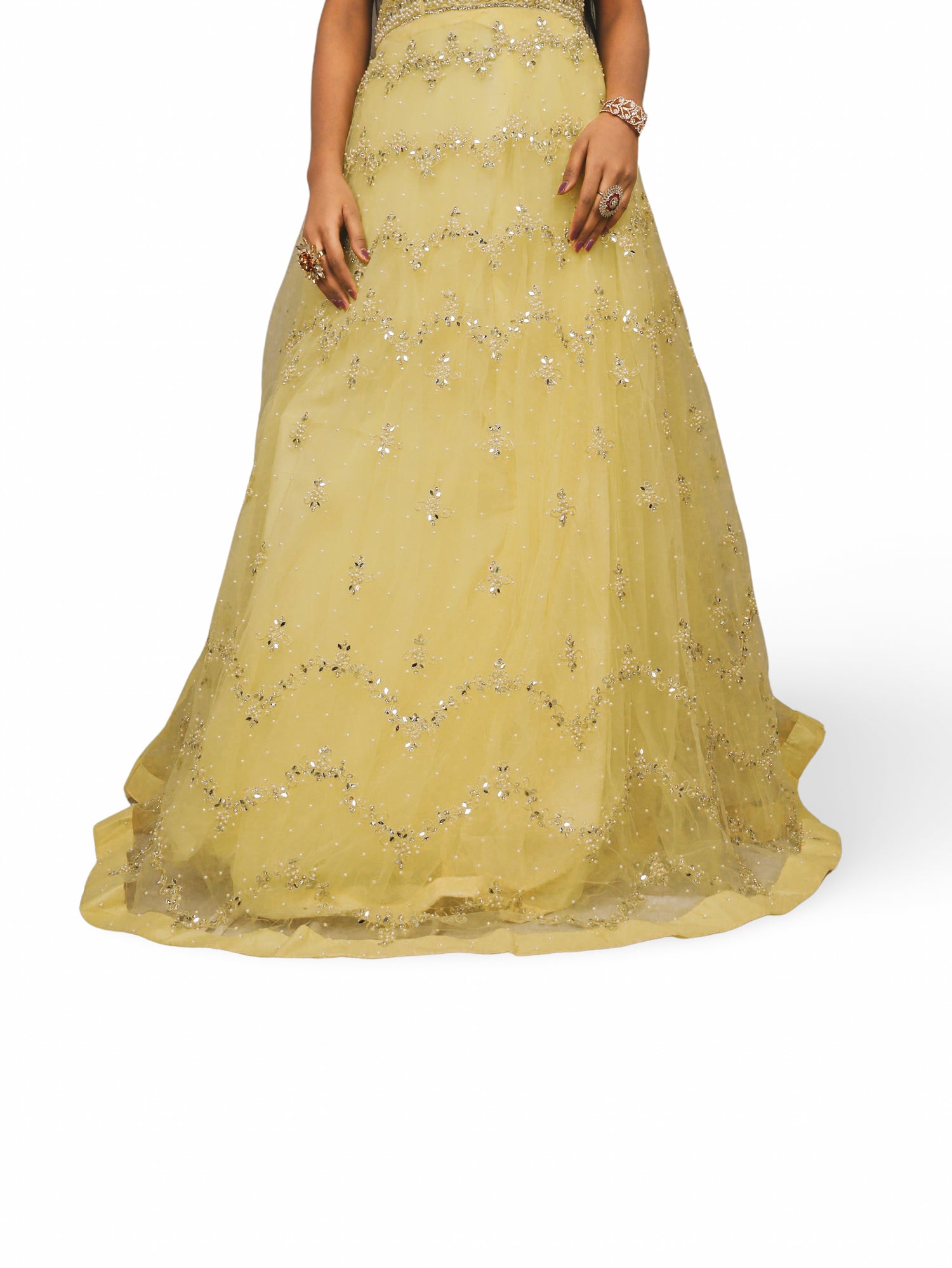 Gown with Pearls &amp; Sequin by Shreekama Lemon Yellow Designer Gowns for Party Festival Wedding Occasion in Noida