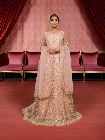 Gown with Stone Work &amp; Embroidery by Shreekama Baby Pink Designer Gowns for Party Festival Wedding Occasion in Noida