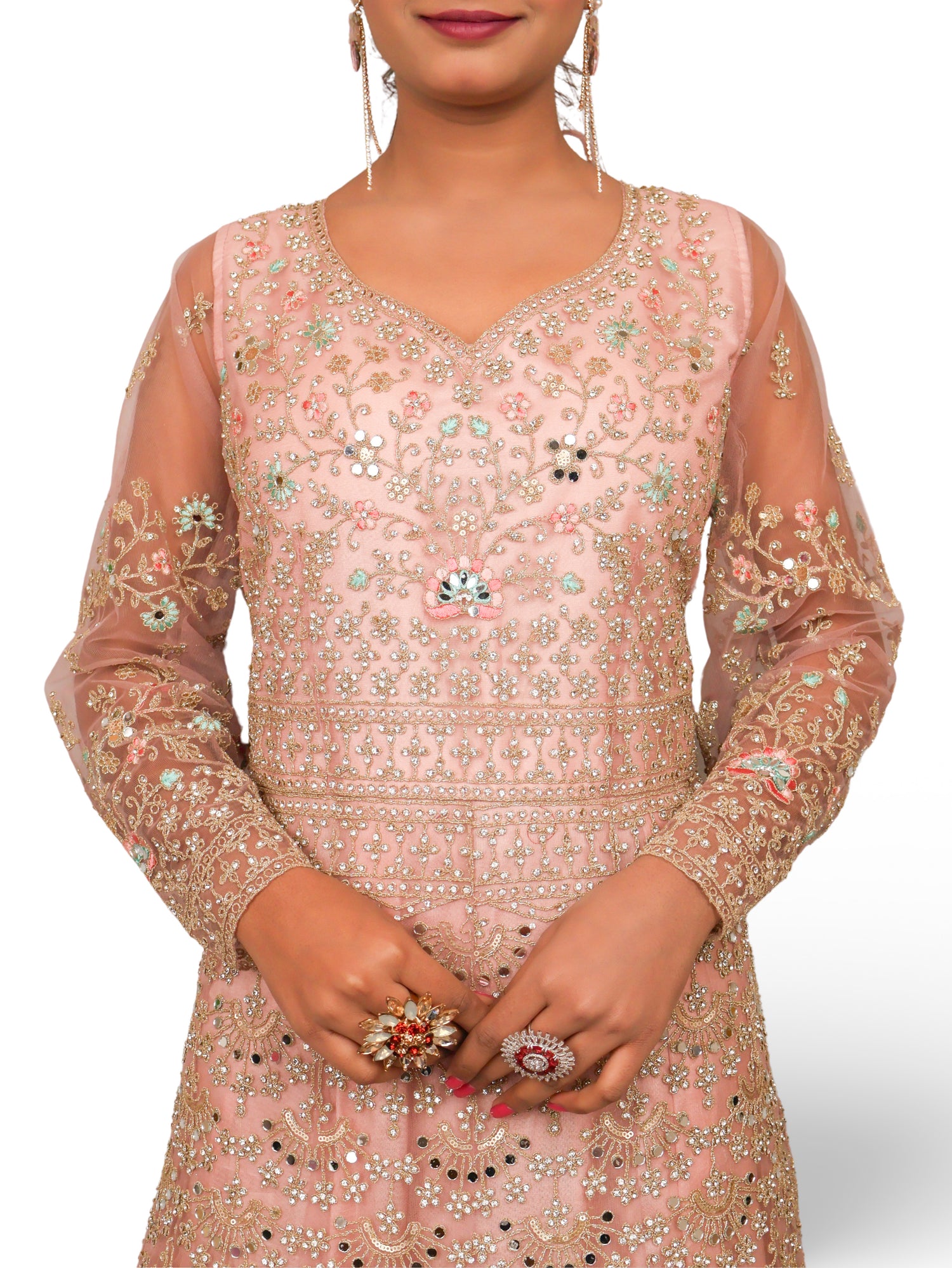 Gown with Stone Work &amp; Embroidery by Shreekama Baby Pink Designer Gowns for Party Festival Wedding Occasion in Noida