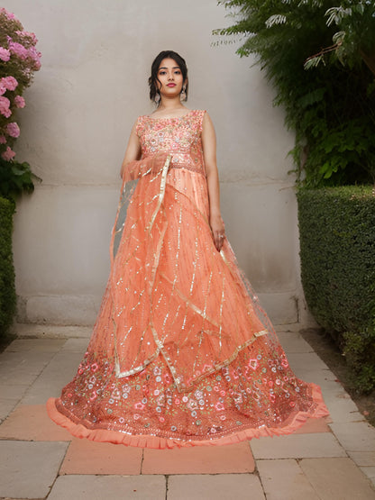 Peach Gown with Embroidery &amp; Sequin Work by Shreekama Peach Designer Gowns for Party Festival Wedding Occasion in Noida