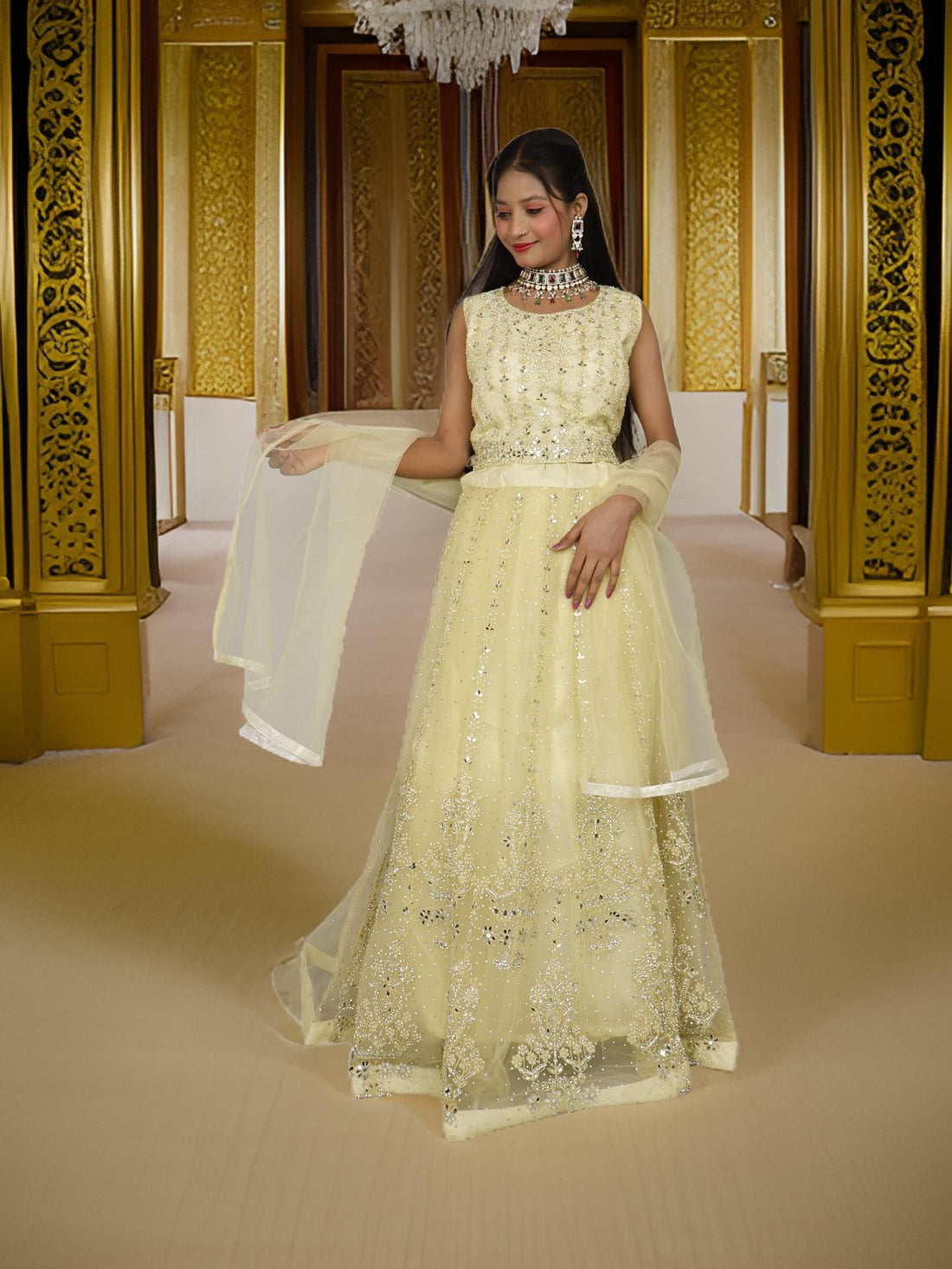 Designer Lehenga Choli with Embroidery and Mirror Peal Work by Shreekama Lemon Yellow Designer Lehenga for Party Festival Wedding Occasion in Noida