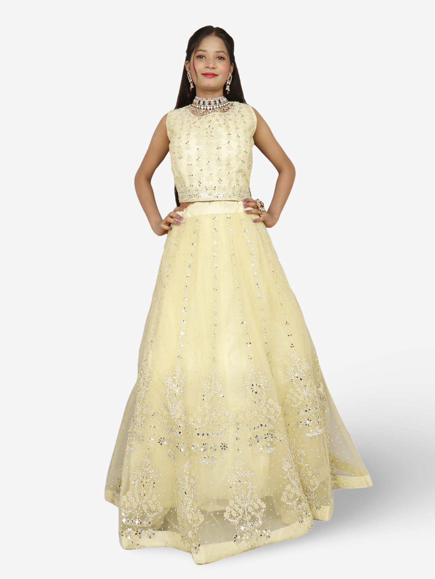 Designer Lehenga Choli with Embroidery and Mirror Peal Work by Shreekama Lemon Yellow Designer Lehenga for Party Festival Wedding Occasion in Noida