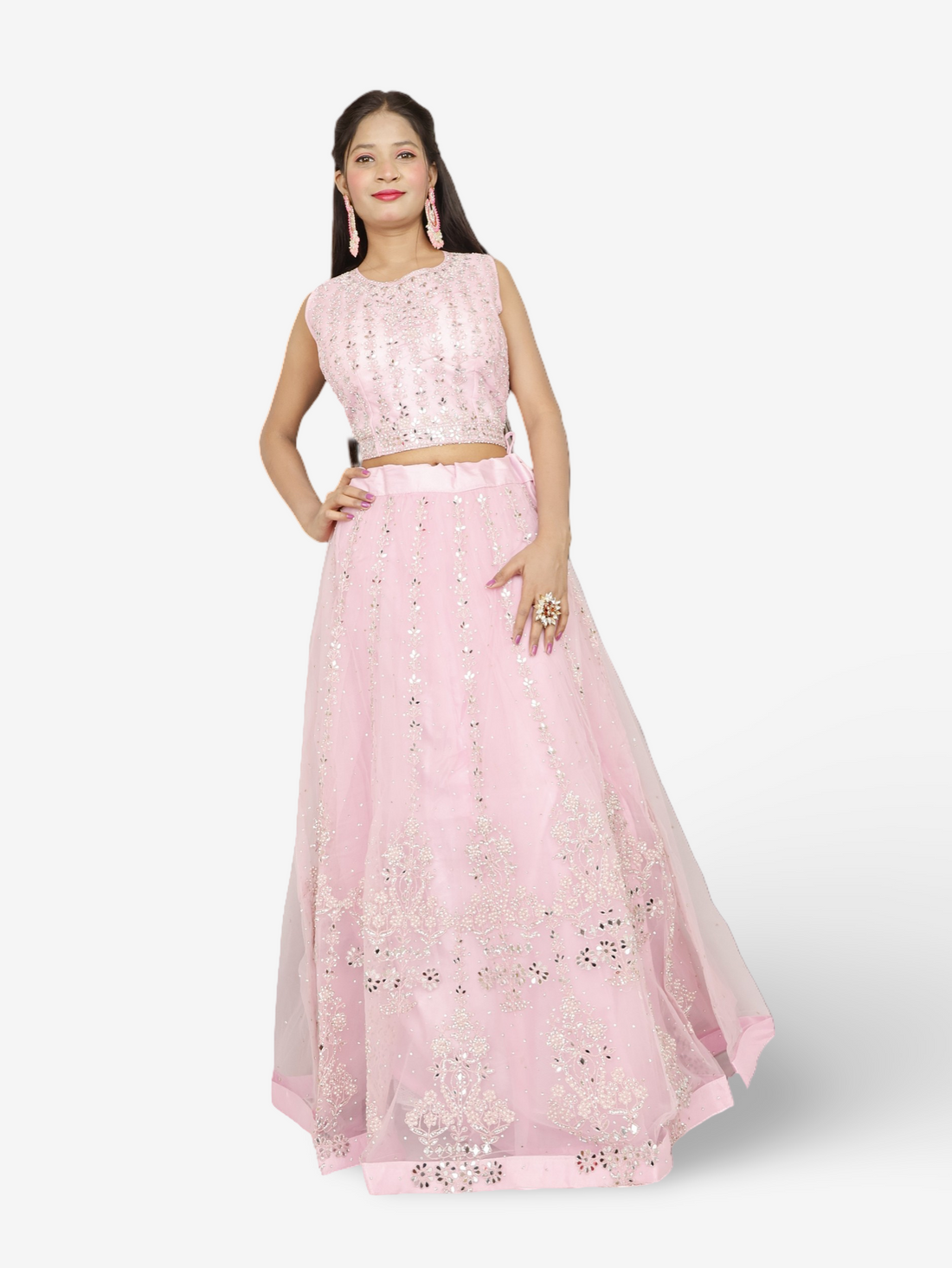 Beautiful mirror and stone work on this pink lehenga set for women by Shreekama Pink Designer Lehenga for Party Festival Wedding Occasion in Noida