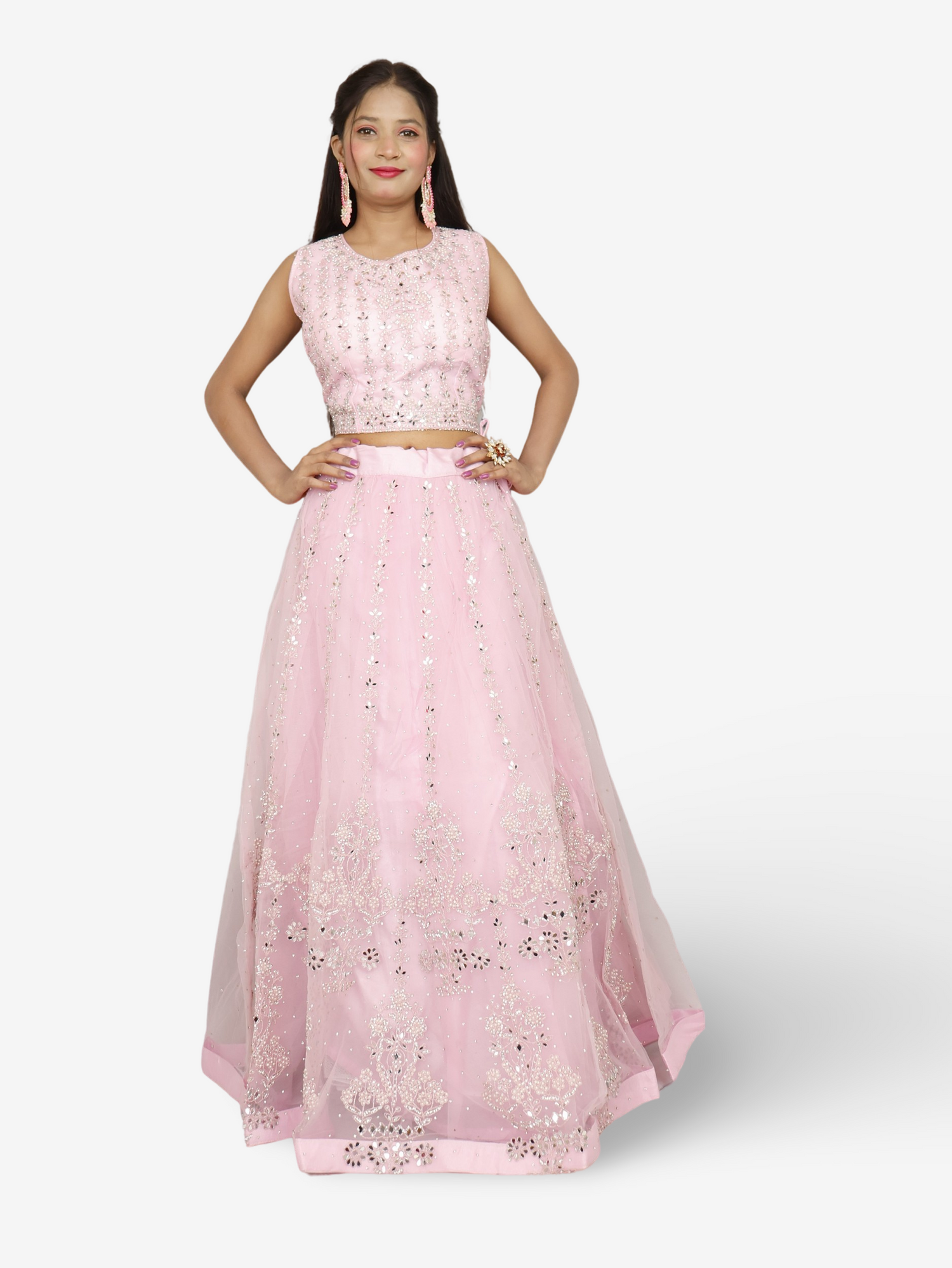 Beautiful mirror and stone work on this pink lehenga set for women by Shreekama Pink Designer Lehenga for Party Festival Wedding Occasion in Noida