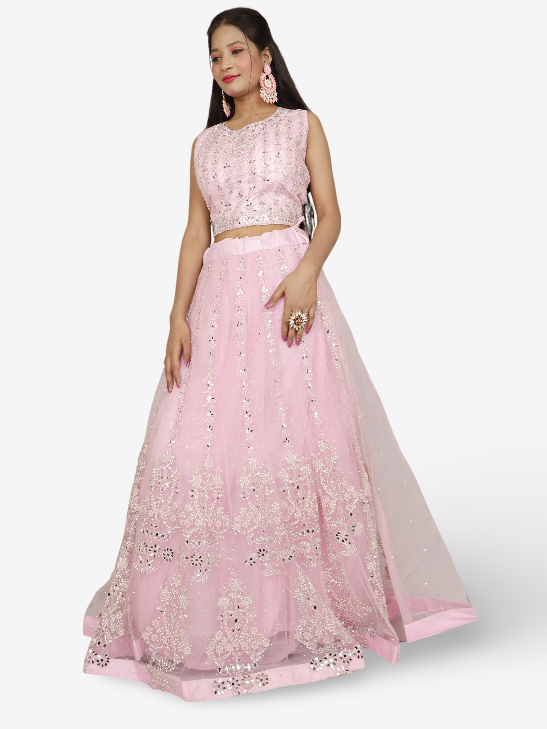 Beautiful mirror and stone work on this pink lehenga set for women by Shreekama Pink Designer Lehenga for Party Festival Wedding Occasion in Noida