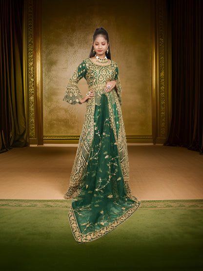 Lehenga Choli Set with Attached Shrug &amp; Zari Thread Work by Shreekama Royal Green Designer Lehenga for Party Festival Wedding Occasion in Noida