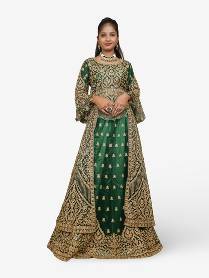 Lehenga Choli Set with Attached Shrug &amp; Zari Thread Work by Shreekama Royal Green Designer Lehenga for Party Festival Wedding Occasion in Noida