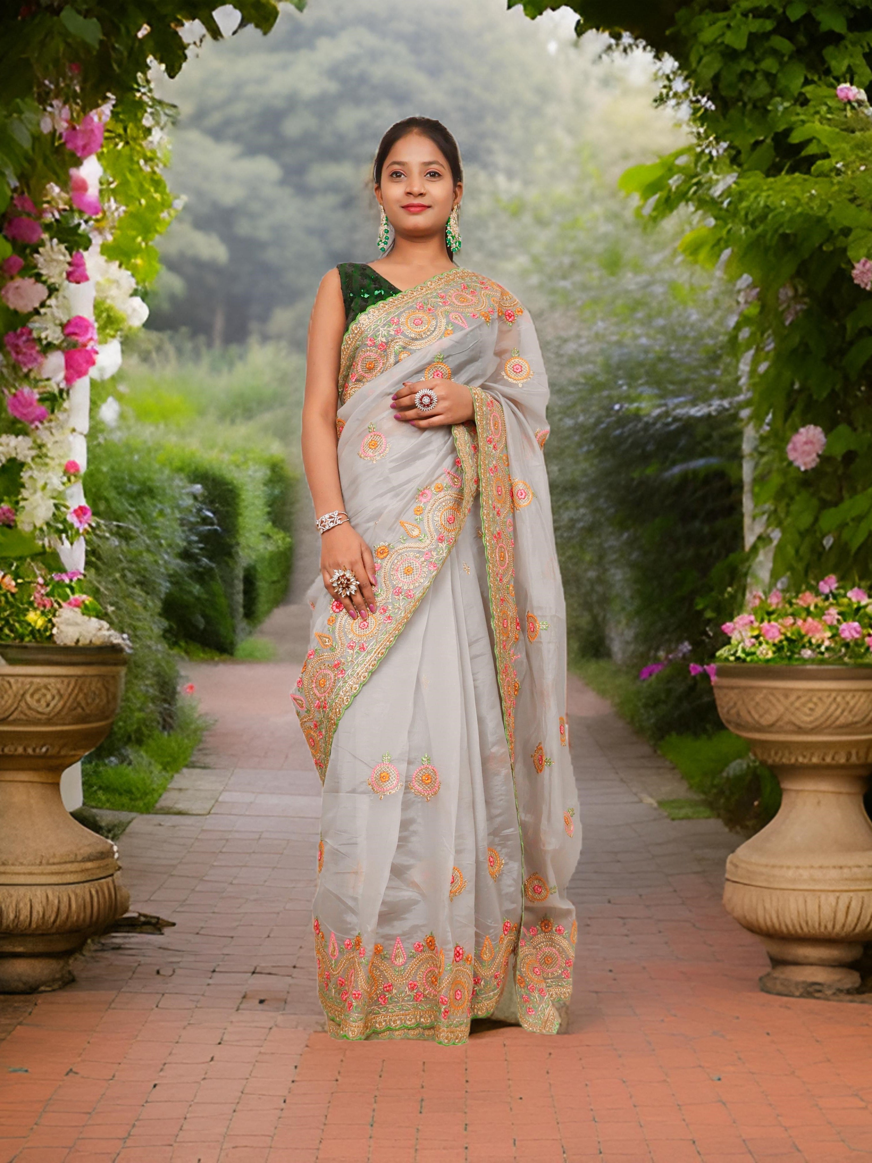 Designer Saree with Embroidery &amp; Zari Thread Work by Shreekama Grey Designer Sarees for Party Festival Wedding Occasion in Noida