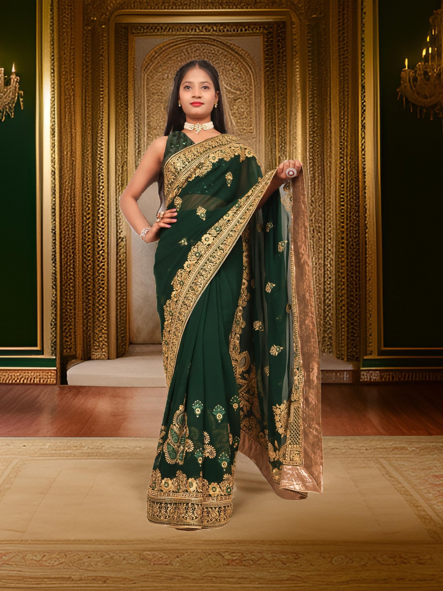 Designer Saree with Embroider &amp; Zari Thread Work by Shreekama Dark Green Designer Sarees for Party Festival Wedding Occasion in Noida