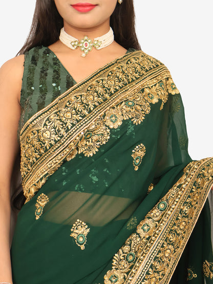 Designer Saree with Embroider &amp; Zari Thread Work by Shreekama Dark Green Designer Sarees for Party Festival Wedding Occasion in Noida