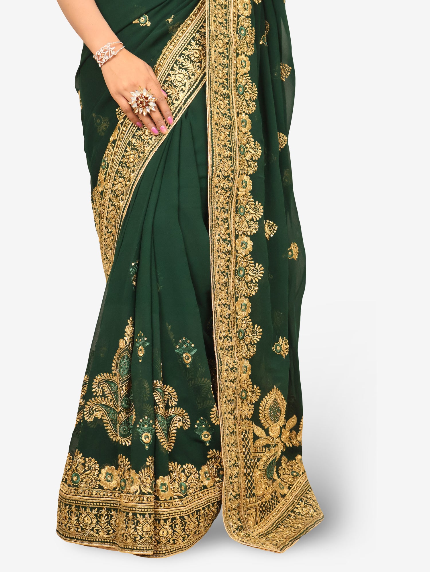 Designer Saree with Embroider &amp; Zari Thread Work by Shreekama Dark Green Designer Sarees for Party Festival Wedding Occasion in Noida