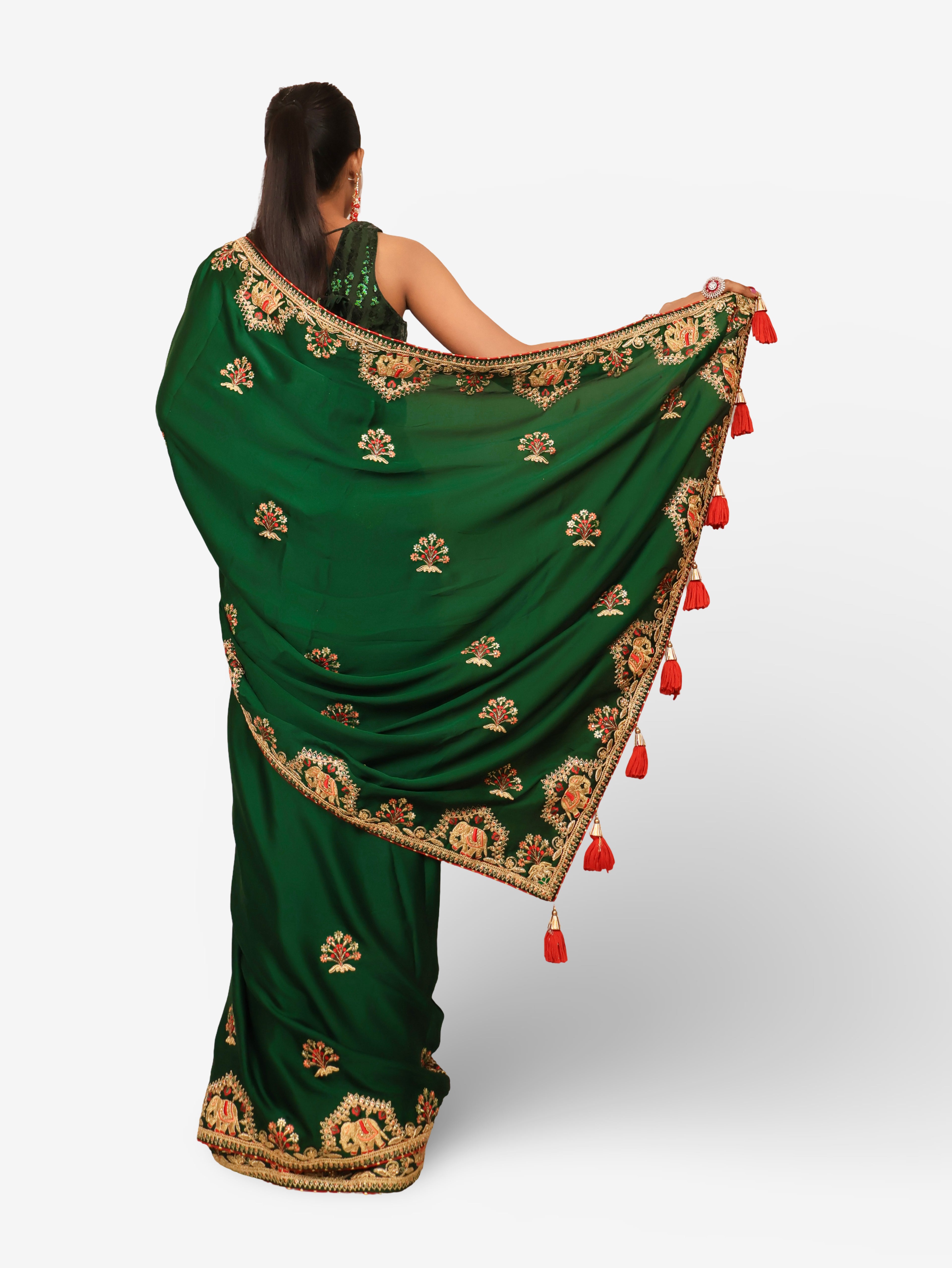 Designer Saree with Kundan &amp; Embroidery Work by Shreekama Dark Green Designer Sarees for Party Festival Wedding Occasion in Noida