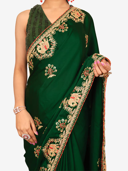 Designer Saree with Kundan &amp; Embroidery Work by Shreekama Dark Green Designer Sarees for Party Festival Wedding Occasion in Noida