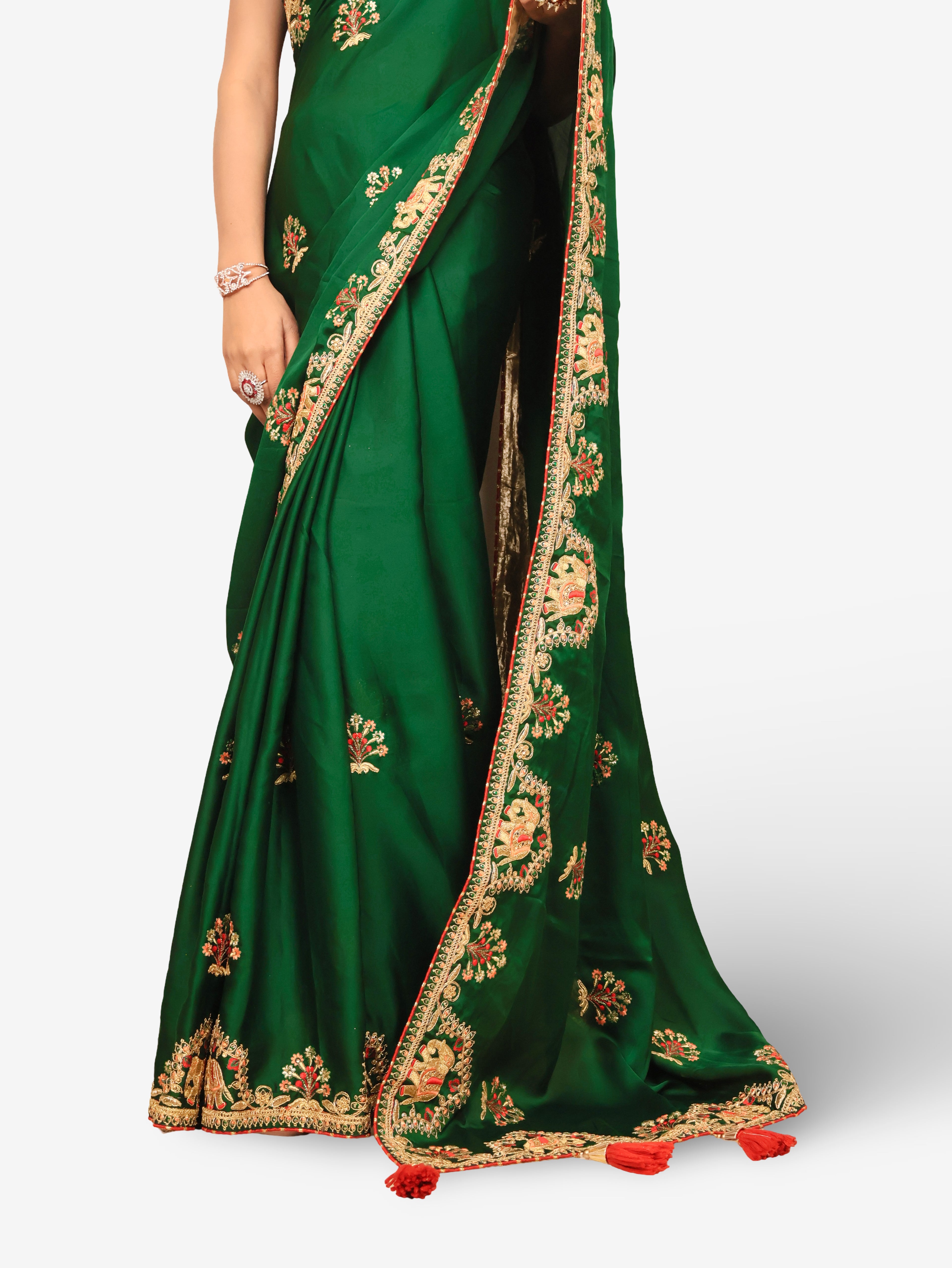 Designer Saree with Kundan &amp; Embroidery Work by Shreekama Dark Green Designer Sarees for Party Festival Wedding Occasion in Noida