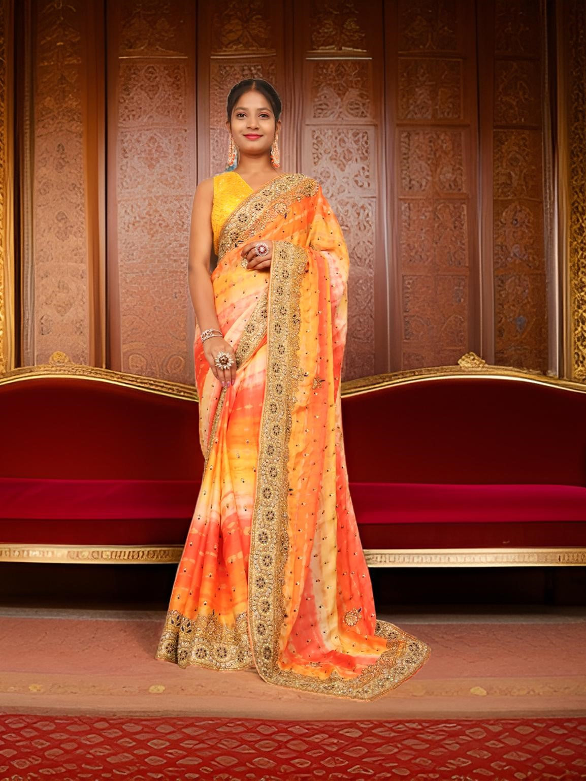 Designer Saree with Kundan &amp; Cut Dana Work by Shreekama Orange Multi Designer Sarees for Party Festival Wedding Occasion in Noida