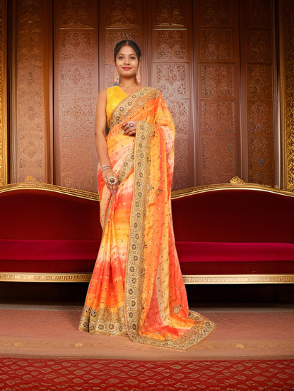 Designer Saree with Kundan &amp; Cut Dana Work by Shreekama Orange Multi Designer Sarees for Party Festival Wedding Occasion in Noida