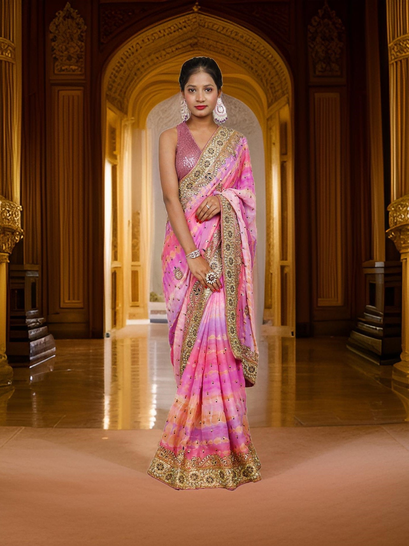 Designer Saree with Kundan &amp; Cut Dana Work by Shreekama Pink Multi Designer Sarees for Party Festival Wedding Occasion in Noida