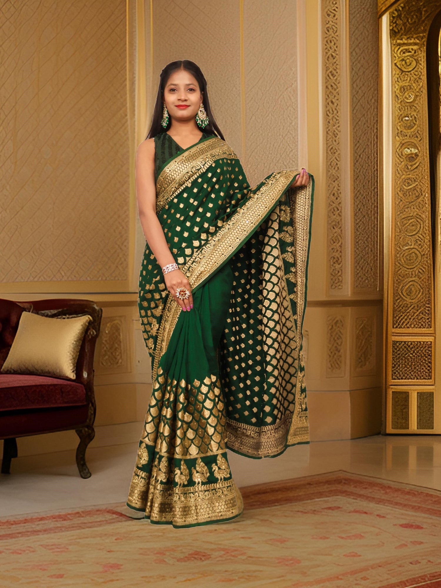 Designer Saree with Kundan &amp; Heavy Embroidery Work by Shreekama Dark Green Designer Sarees for Party Festival Wedding Occasion in Noida