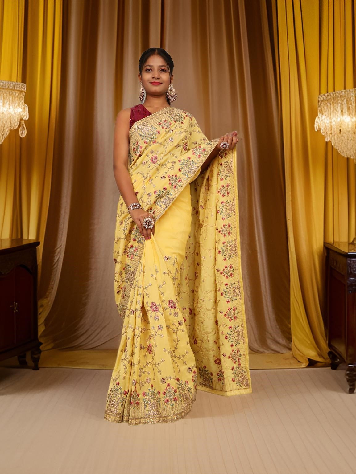 Designer Saree with Sequin &amp; Embroidery Work by Shreekama Lemon Yellow Designer Sarees for Party Festival Wedding Occasion in Noida