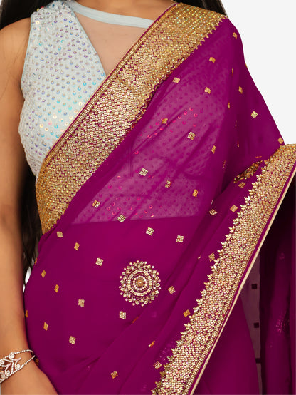 Designer Saree with Cut Dana &amp; Beads by Shreekama Wine Designer Sarees for Party Festival Wedding Occasion in Noida