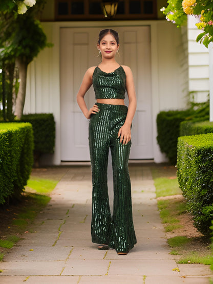 Sequins Spaghetti Neck Co-Ord Set by Shreekama Dark Green Dress for Party Festival Wedding Occasion in Noida