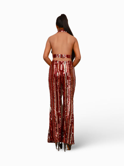 Glamour Halter Neck Sequins Bodycon Co-Ord Set by Shreekama Maroon Dress for Party Festival Wedding Occasion in Noida