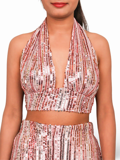 Glamour Halter Neck Sequins Bodycon Co-Ord Set by Shreekama Pink Dress for Party Festival Wedding Occasion in Noida