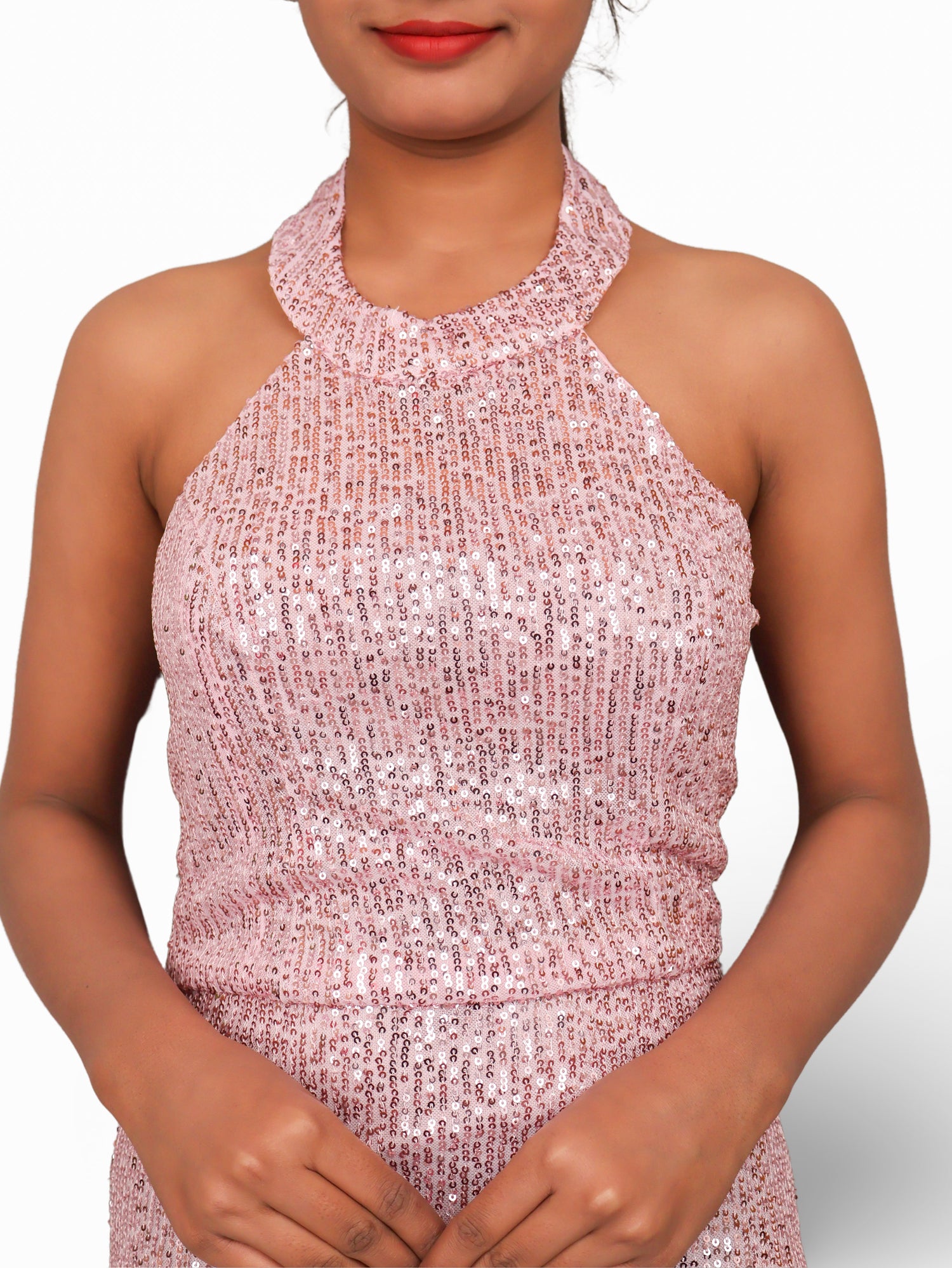 Sparkling Elegance: Halter Neck Pink Sequins Mini Party Dress by Shreekama Light Pink Dress for Party Festival Wedding Occasion in Noida