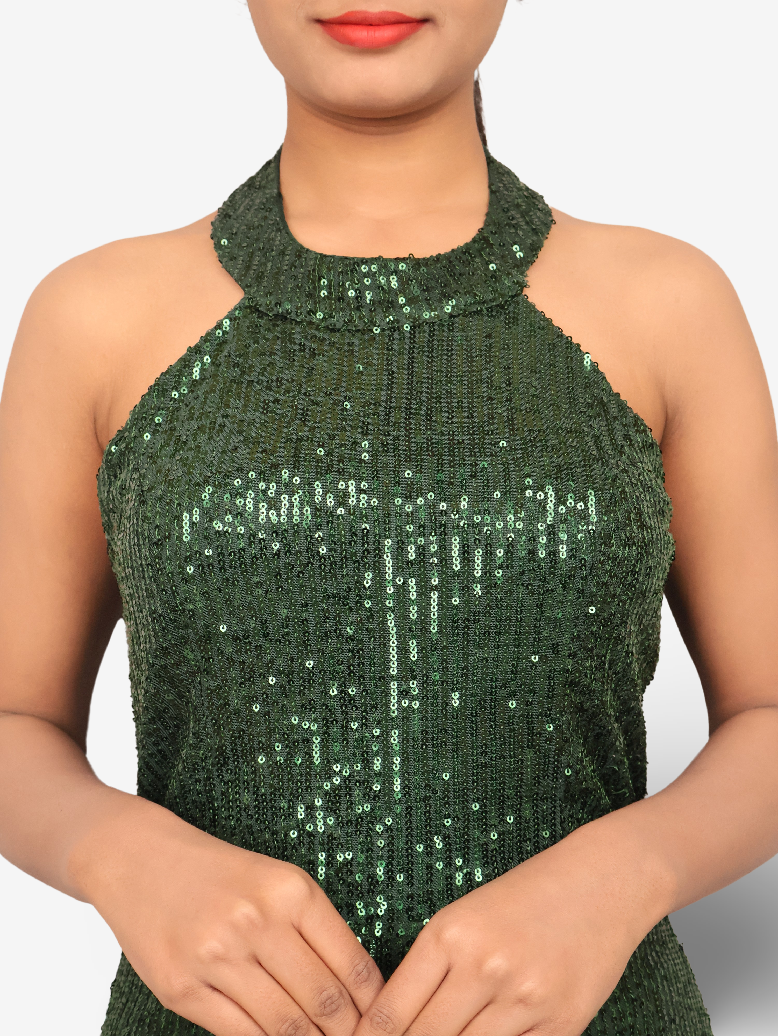 Sparkling Elegance: Halter Neck Pink Sequins Mini Party Dress by Shreekama Dark Green Dress for Party Festival Wedding Occasion in Noida