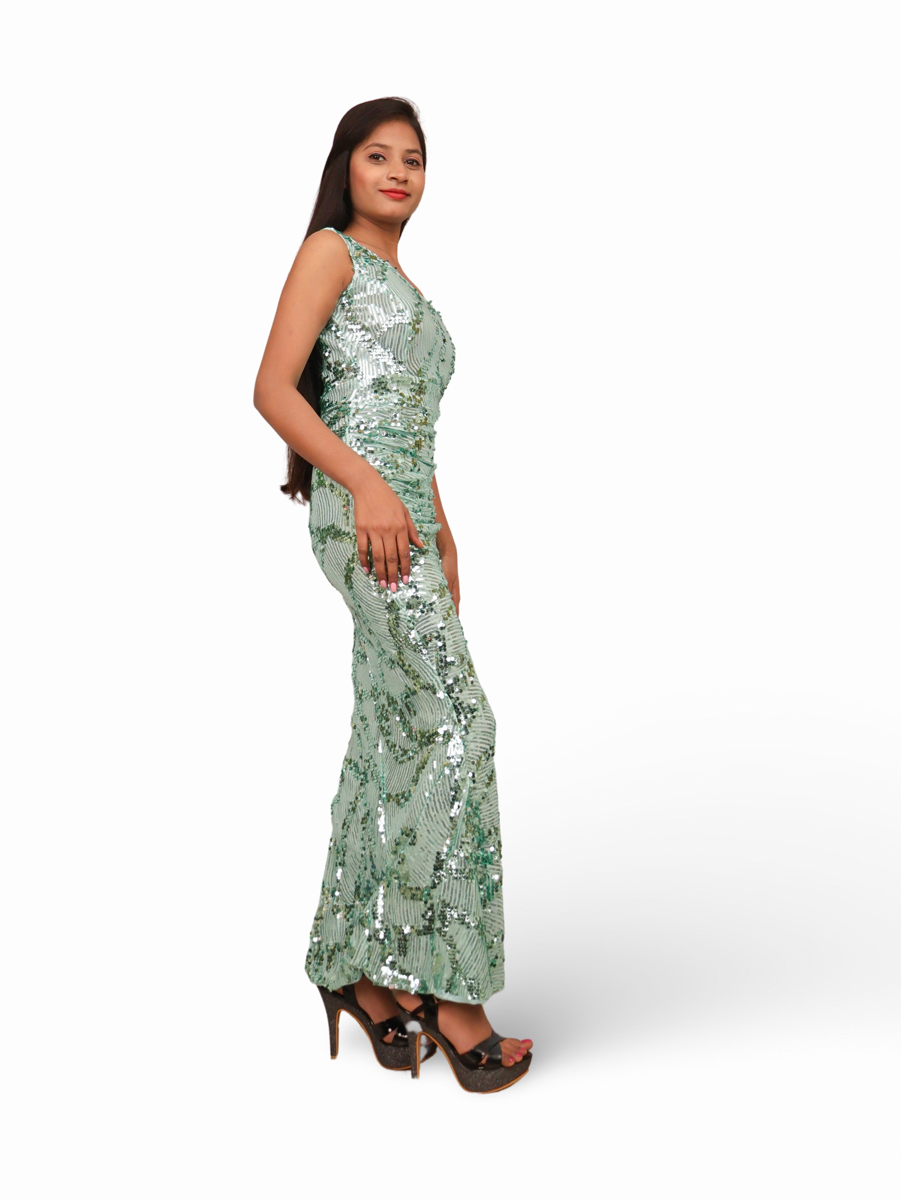 Sequins One-Shoulder Maxi Party Dress by Shreekama Light Green Dress for Party Festival Wedding Occasion in Noida