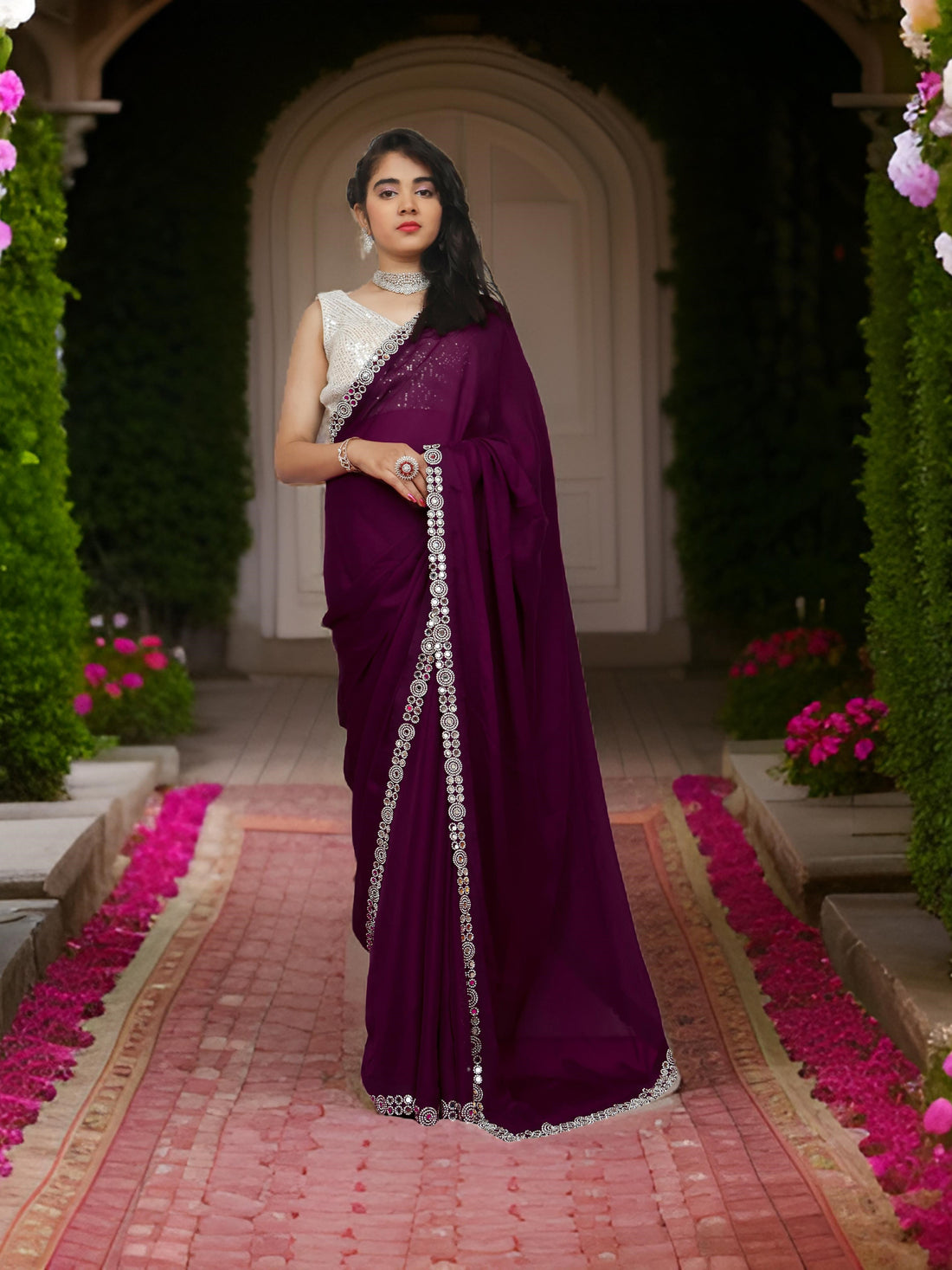 Designer Saree with American Diamond &amp; Mirror Work by Shreekama