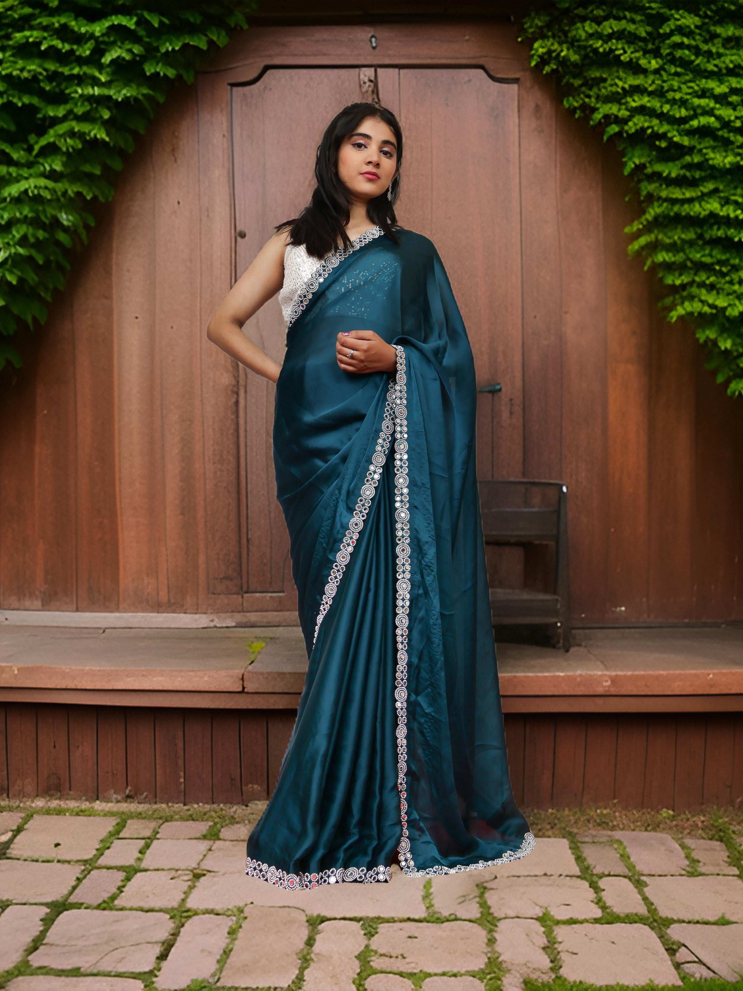 Designer Saree with American Diamond &amp; Mirror Work by Shreekama