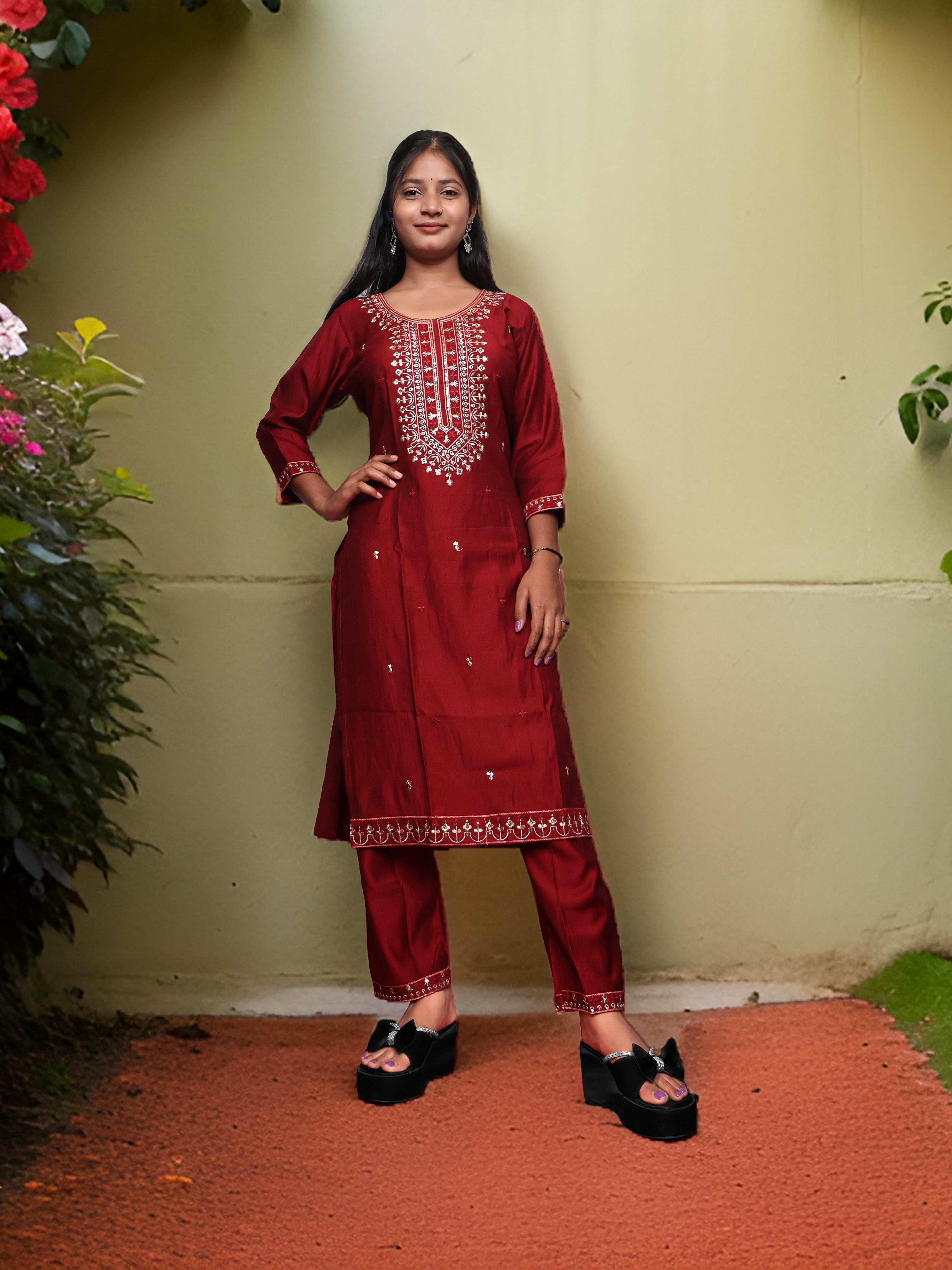 Rayon-Cotton Embroidered Straight Kurti with Pant and Dupatta