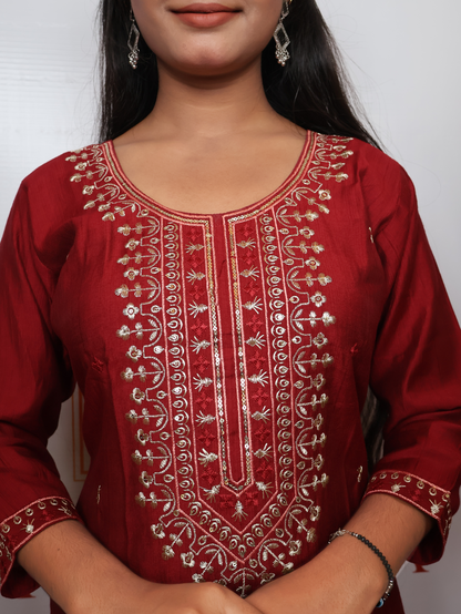 Rayon-Cotton Embroidered Straight Kurti with Pant and Dupatta