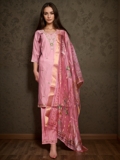 Vatican Silk Embroidered Straight Kurti with Pants and Dupatta