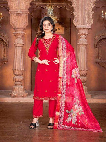 Vatican Silk Embroidered Straight Kurti with Pants and Dupatta