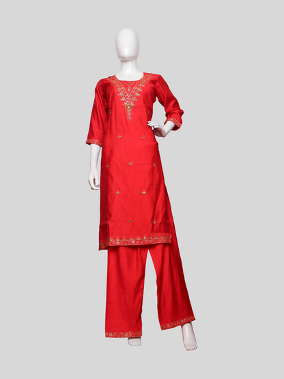 Vatican Silk Embroidered Straight Kurti with Pants and Dupatta