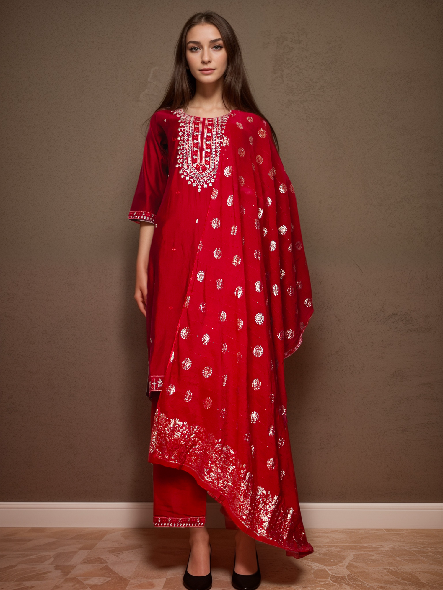 Rayon-Cotton Embroidered Straight Kurti Set with Pant and Dupatta