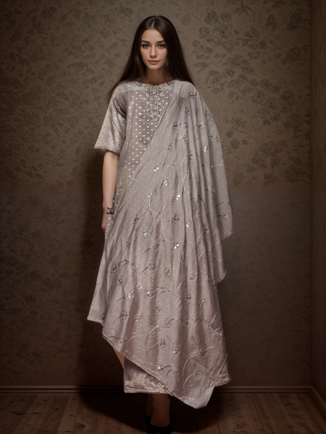 Silk Embroidered Straight Kurti with Pant and Dupatta