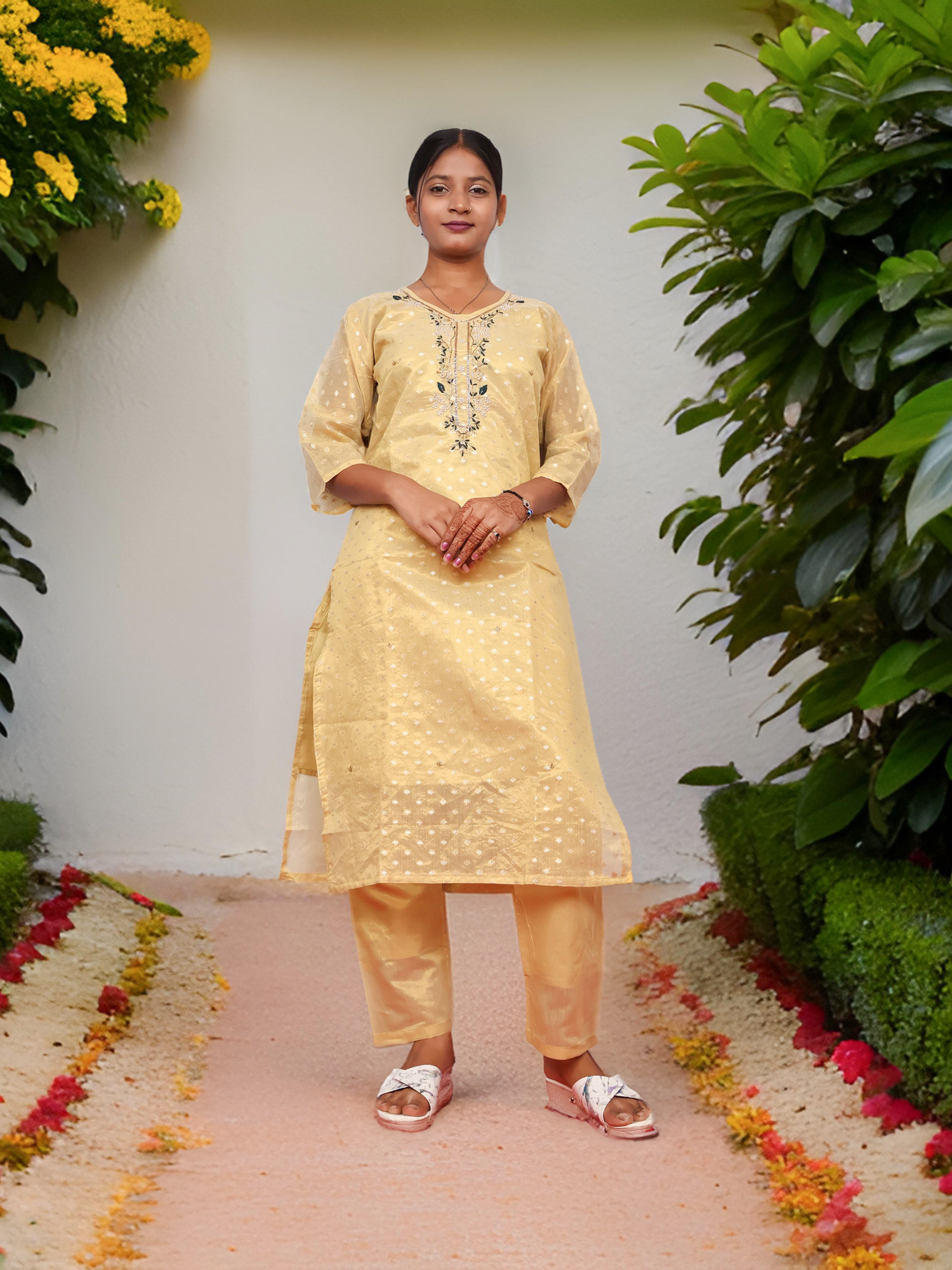 Silk Embroidered Straight Kurti with Pant and Dupatta