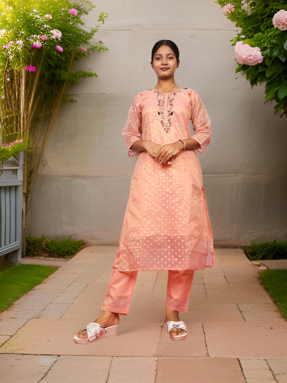 Silk Embroidered Straight Kurti with Pant and Dupatta