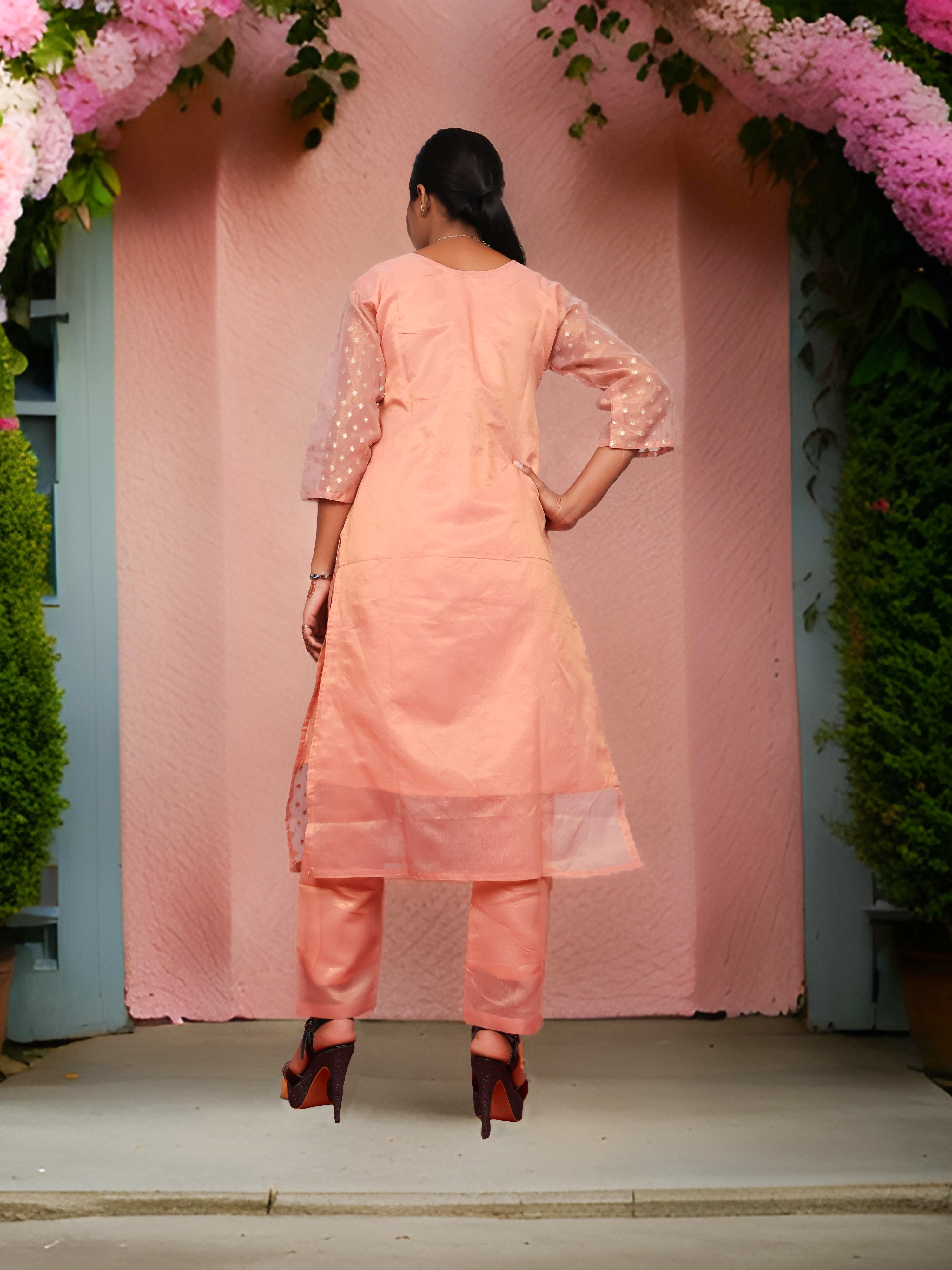 Silk Embroidered Straight Kurti with Pant and Dupatta