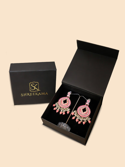 Gold-Toned &amp; Chandbali Earrings with Crystals and Pearls for Women by Shreekama Pink Fashion Jewelry for Party Festival Wedding Occasion in Noida